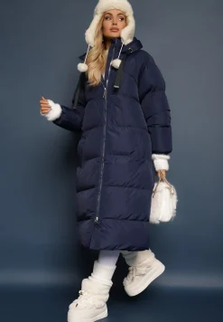 Granatowa Długa Kurtka Pikowana Płaszcz z Kapturem Serea