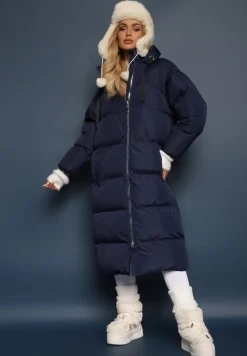 Granatowa Długa Kurtka Pikowana Płaszcz z Kapturem Serea