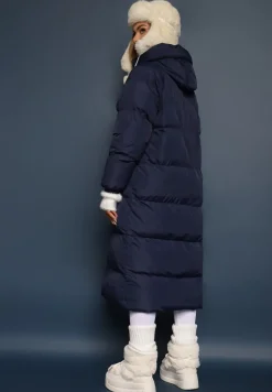 Granatowa Długa Kurtka Pikowana Płaszcz z Kapturem Serea