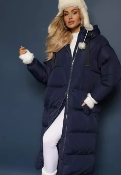 Granatowa Długa Kurtka Pikowana Płaszcz z Kapturem Serea