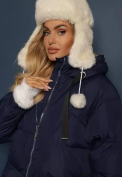 Granatowa Długa Kurtka Pikowana Płaszcz z Kapturem Serea