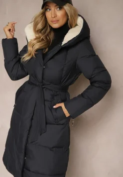 Granatowa Długa Kurtka Pikowana z Kapturem Wiązana w Pasie Neanethra