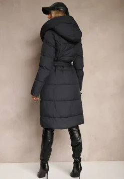 Granatowa Długa Kurtka Pikowana z Kapturem Wiązana w Pasie Neanethra