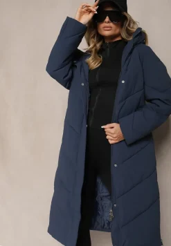 Granatowa Długa Kurtka Pikowana z Nieodpinanym Kapturem Nerindale