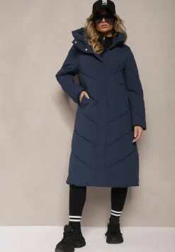 Granatowa Długa Kurtka Pikowana z Nieodpinanym Kapturem Nerindale