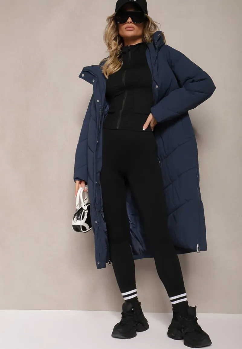 Granatowa Długa Kurtka Pikowana z Nieodpinanym Kapturem Nerindale