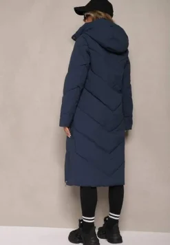 Granatowa Długa Kurtka Pikowana z Nieodpinanym Kapturem Nerindale