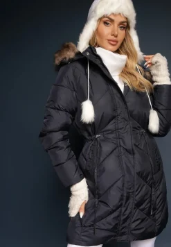 Granatowa Długa Pikowana Kurtka w Stylu Parki z Troczkiem w Pasie i Sztucznym Futerkiem Abelasa