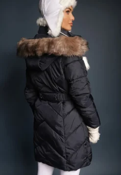 Granatowa Długa Pikowana Kurtka w Stylu Parki z Troczkiem w Pasie i Sztucznym Futerkiem Abelasa