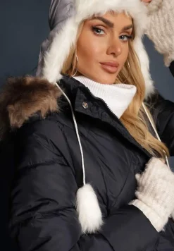 Granatowa Długa Pikowana Kurtka w Stylu Parki z Troczkiem w Pasie i Sztucznym Futerkiem Abelasa