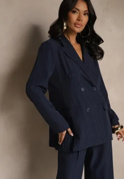 Granatowa Dwurzędowa Marynarka z Wiskozą i Usztywnianą Linią Ramion Ellirisa