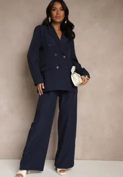 Granatowa Dwurzędowa Marynarka z Wiskozą i Usztywnianą Linią Ramion Ellirisa