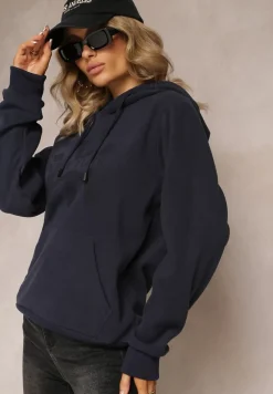 Granatowa Dzianinowa Bluza z Nadrukiem i Kapturem Nehret