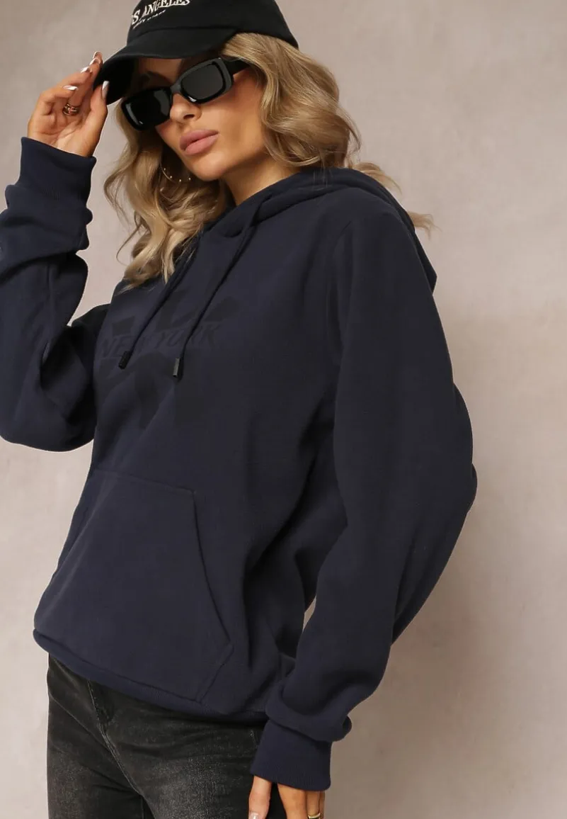 Granatowa Dzianinowa Bluza z Nadrukiem i Kapturem Nehret