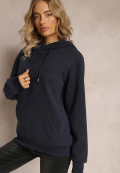 Granatowa Dzianinowa Bluza z Nadrukiem i Kapturem Nehret