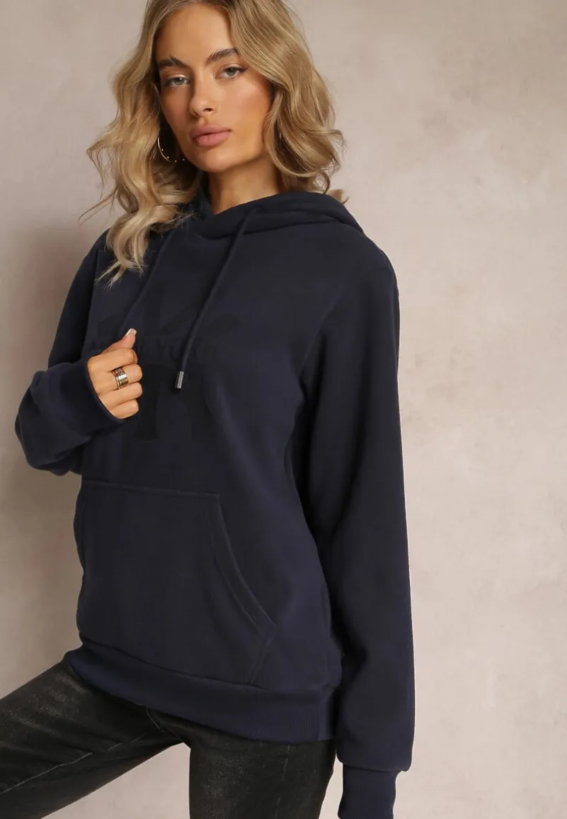 Granatowa Dzianinowa Bluza z Nadrukiem i Kapturem Nehret