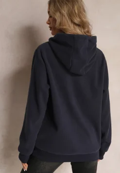 Granatowa Dzianinowa Bluza z Nadrukiem i Kapturem Nehret