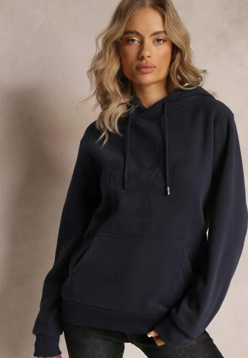 Granatowa Dzianinowa Bluza z Nadrukiem i Kapturem Nehret