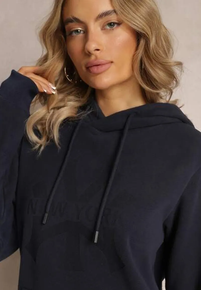 Granatowa Dzianinowa Bluza z Nadrukiem i Kapturem Nehret