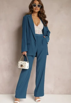 Granatowa Gładka Klasyczna Marynarka z Guzikiem i Kieszeniami Electrane