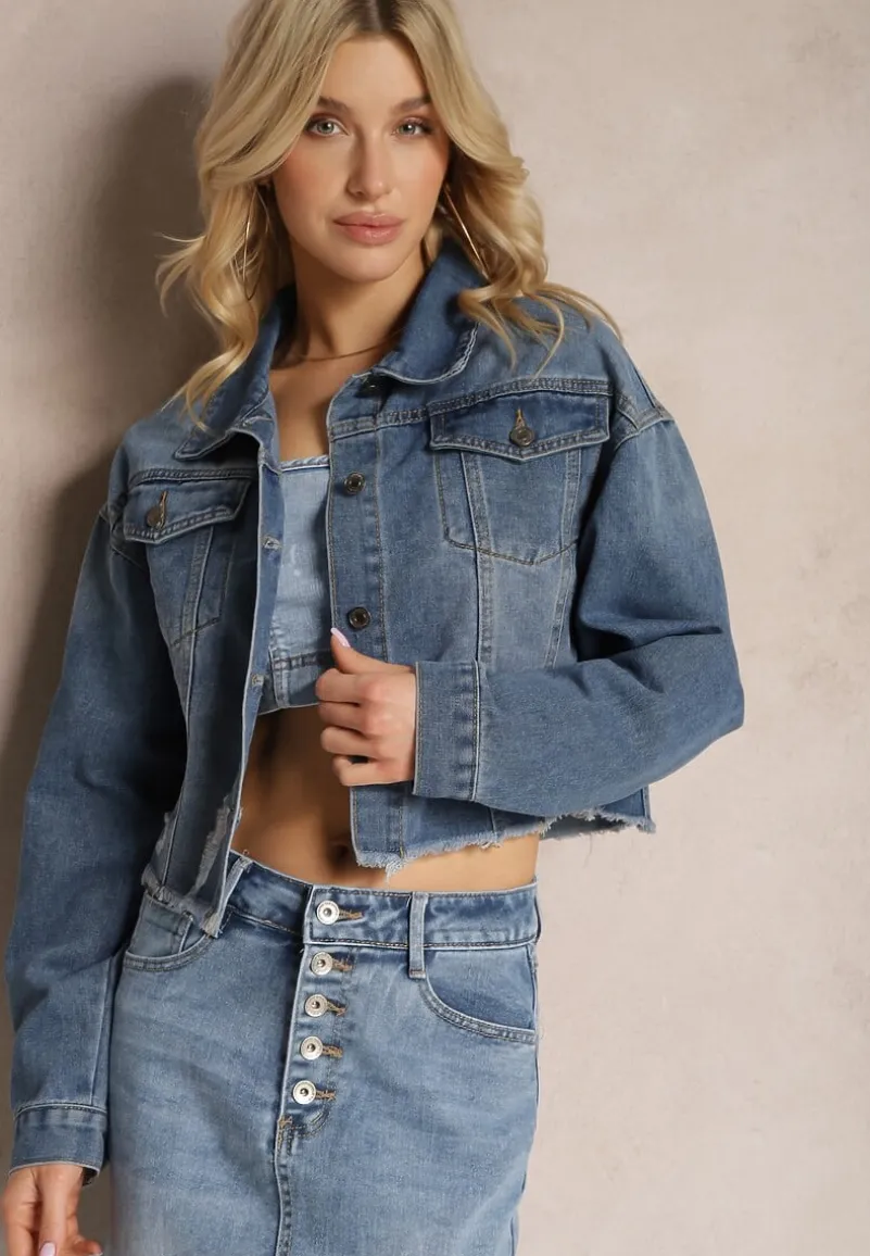 Granatowa Jeansowa Kurtka z Bawełny Krótka Ozdobiona Dziurami i Przetarciami Allinara