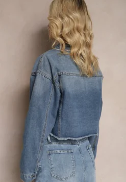 Granatowa Jeansowa Kurtka z Bawełny Krótka Ozdobiona Dziurami i Przetarciami Allinara