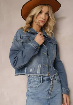 Granatowa Jeansowa Kurtka z Bawełny Krótka Ozdobiona Dziurami i Przetarciami Allinara