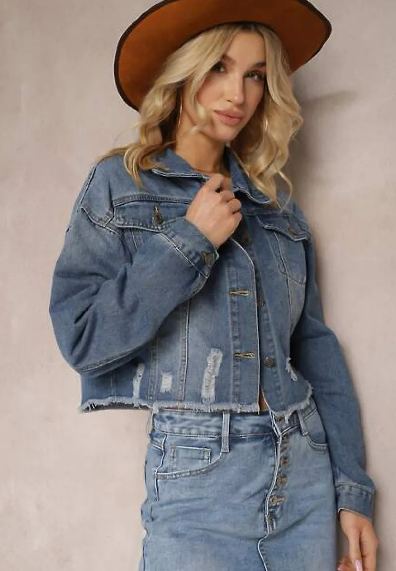 Granatowa Jeansowa Kurtka z Bawełny Krótka Ozdobiona Dziurami i Przetarciami Allinara