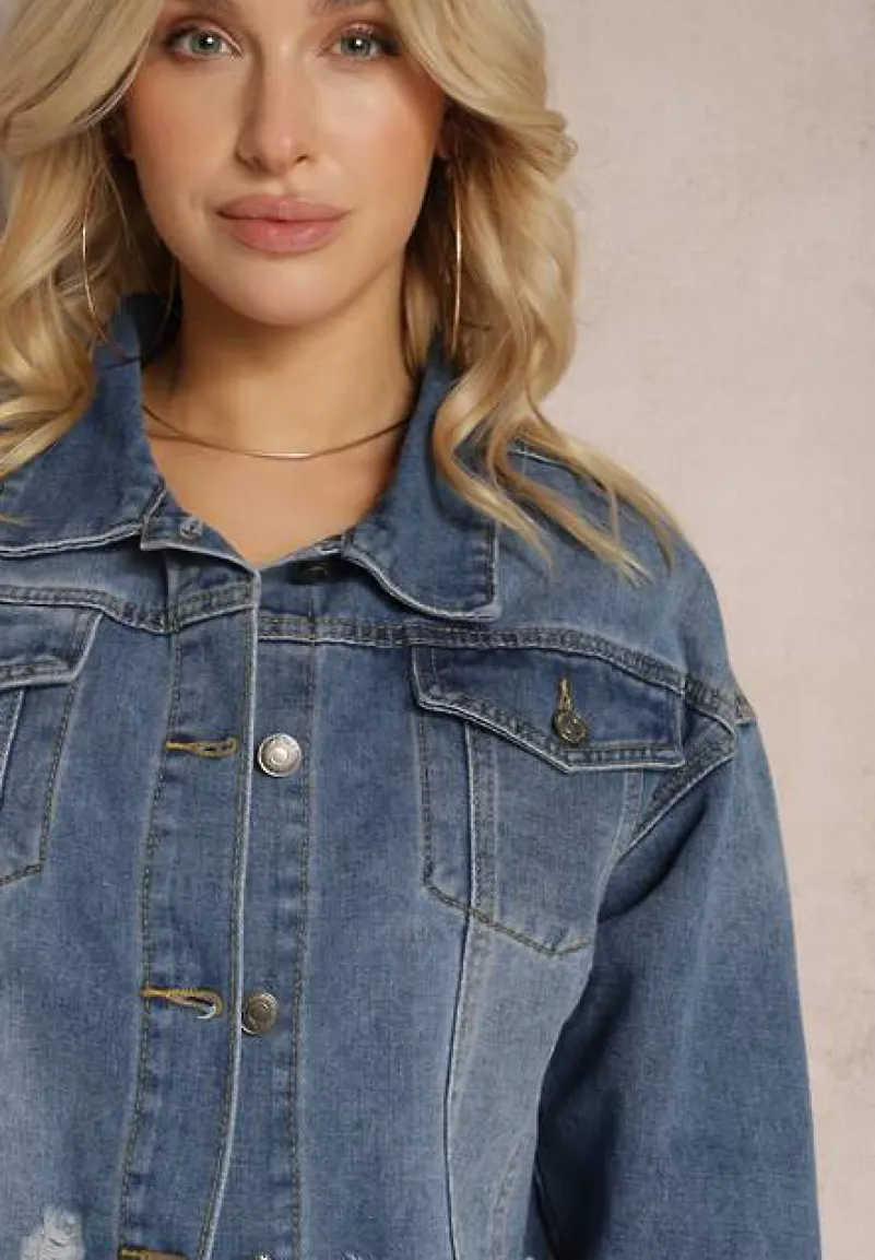 Granatowa Jeansowa Kurtka z Bawełny Krótka Ozdobiona Dziurami i Przetarciami Allinara