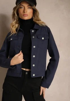 Granatowa Jeansowa Kurtka z Bawełny z Guzikami i Kieszeniami Ainztia