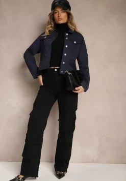 Granatowa Jeansowa Kurtka z Bawełny z Guzikami i Kieszeniami Ainztia