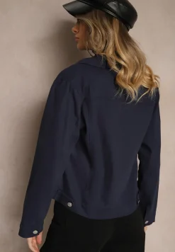 Granatowa Jeansowa Kurtka z Bawełny z Guzikami i Kieszeniami Ainztia