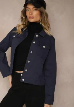 Granatowa Jeansowa Kurtka z Bawełny z Guzikami i Kieszeniami Ainztia