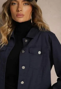 Granatowa Jeansowa Kurtka z Bawełny z Guzikami i Kieszeniami Ainztia