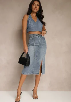 Granatowa Jeansowa Spódnica z Bawełny z Łańcuchem Lilurea