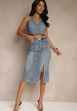 Granatowa Jeansowa Spódnica z Bawełny z Łańcuchem Lilurea