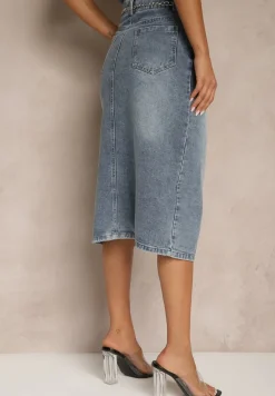 Granatowa Jeansowa Spódnica z Bawełny z Łańcuchem Lilurea