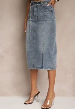 Granatowa Jeansowa Spódnica z Bawełny z Łańcuchem Lilurea