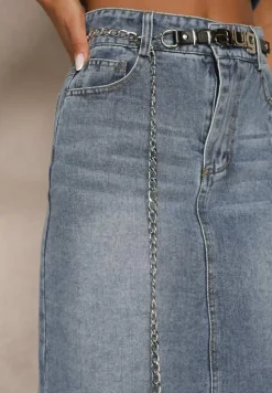 Granatowa Jeansowa Spódnica z Bawełny z Łańcuchem Lilurea