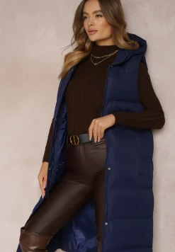 Granatowa Kamizelka Długa z Kapturem Pikowana Mellyn