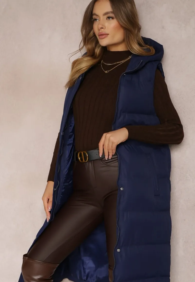 Granatowa Kamizelka Długa z Kapturem Pikowana Mellyn