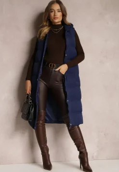 Granatowa Kamizelka Długa z Kapturem Pikowana Mellyn