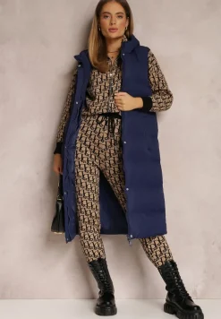 Granatowa Kamizelka Długa z Kapturem Pikowana Mellyn