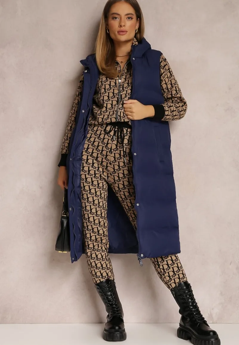 Granatowa Kamizelka Długa z Kapturem Pikowana Mellyn