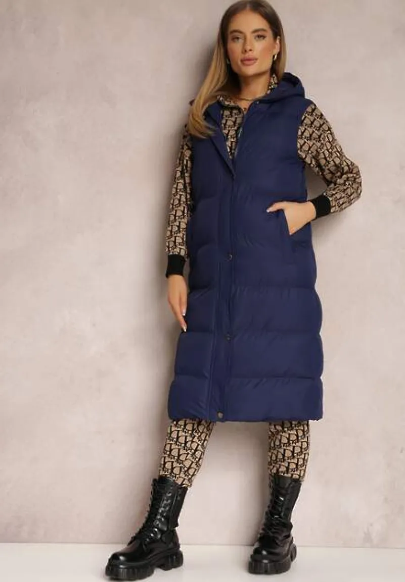 Granatowa Kamizelka Długa z Kapturem Pikowana Mellyn