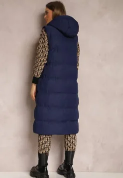Granatowa Kamizelka Długa z Kapturem Pikowana Mellyn