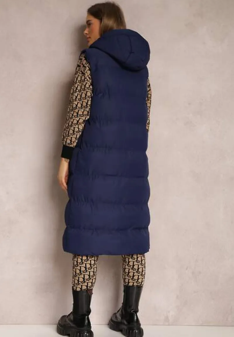 Granatowa Kamizelka Długa z Kapturem Pikowana Mellyn