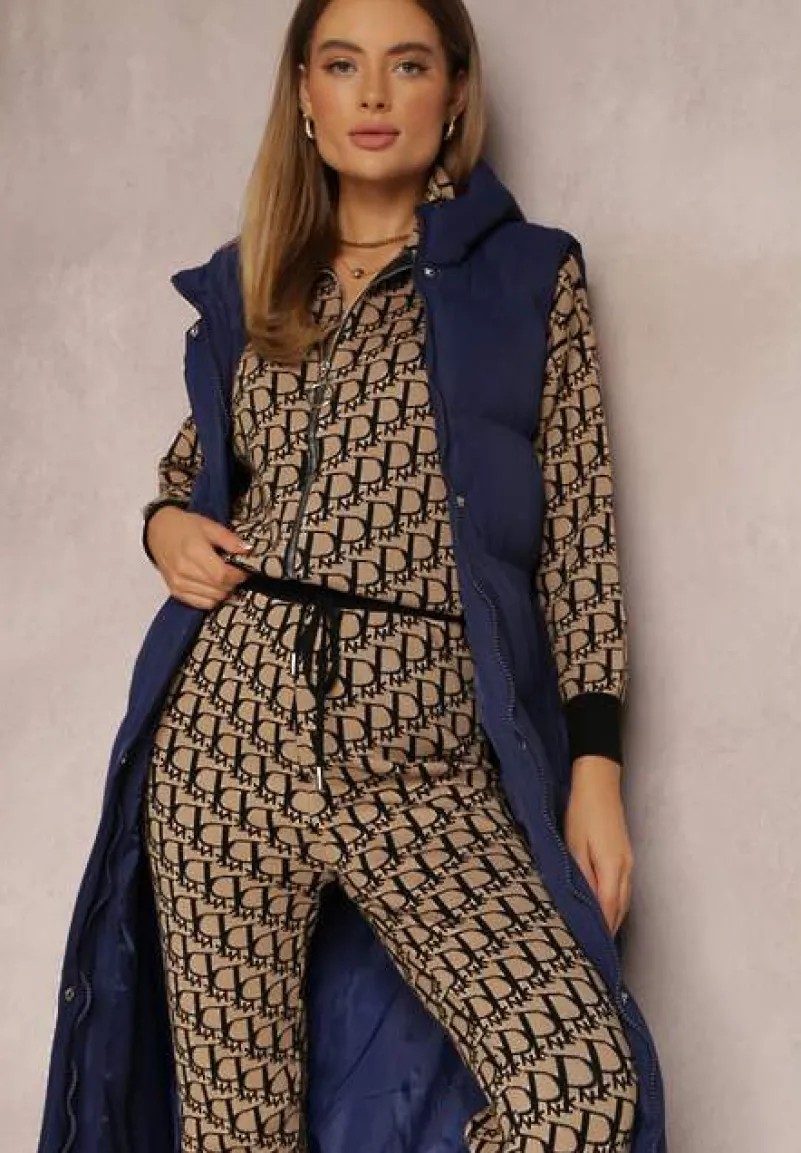 Granatowa Kamizelka Długa z Kapturem Pikowana Mellyn