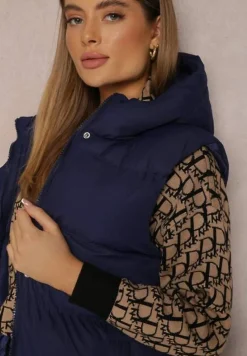 Granatowa Kamizelka Długa z Kapturem Pikowana Mellyn