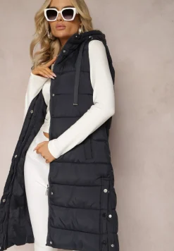 Granatowa Kamizelka o Wydłużonym Fasonie z Pikowaniem i Kieszeniami Banuni